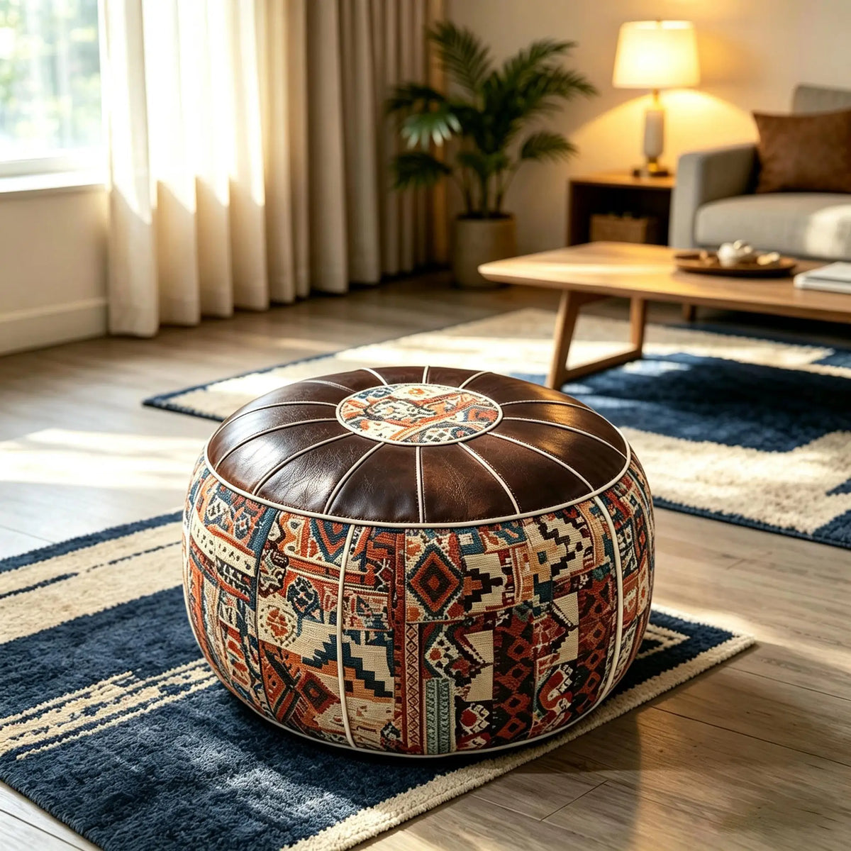Unstuffed Pouf Ottoman Cover - Bohemian Faux Leather Floor Cushion You Fill with Blankets and Clothes, Everstock
