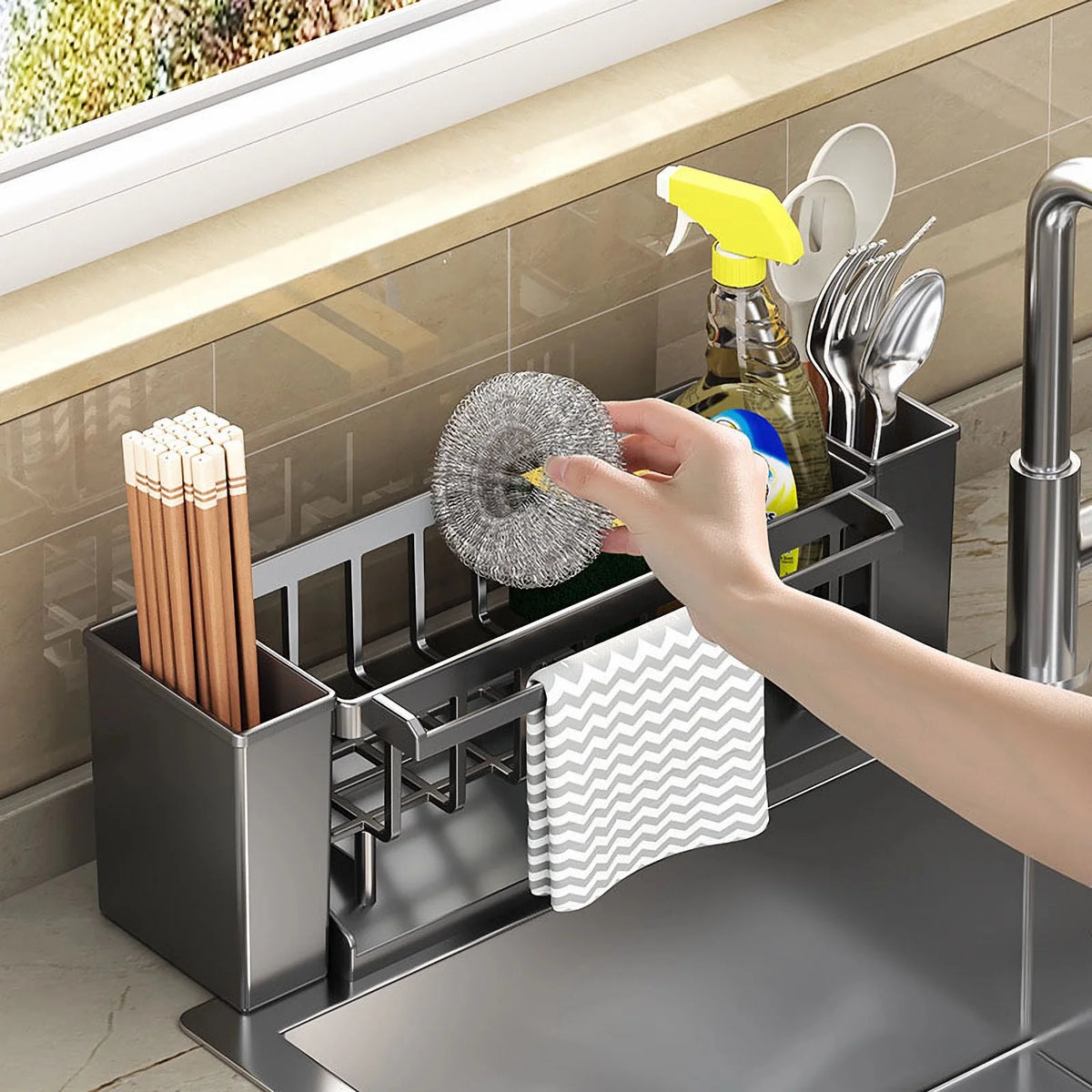 Sink Caddy with Brush Holder - Sponge & Rag Drain Rack for Kitchen and Bathroom Faucets, Everstock