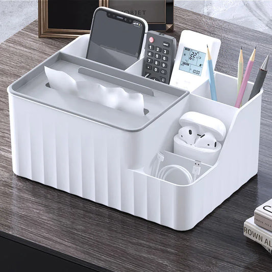 6-Section Tissue Box Organizer - Plastic Caddy with Remote Control Holder for Living Room Coffee Tables, Everstock