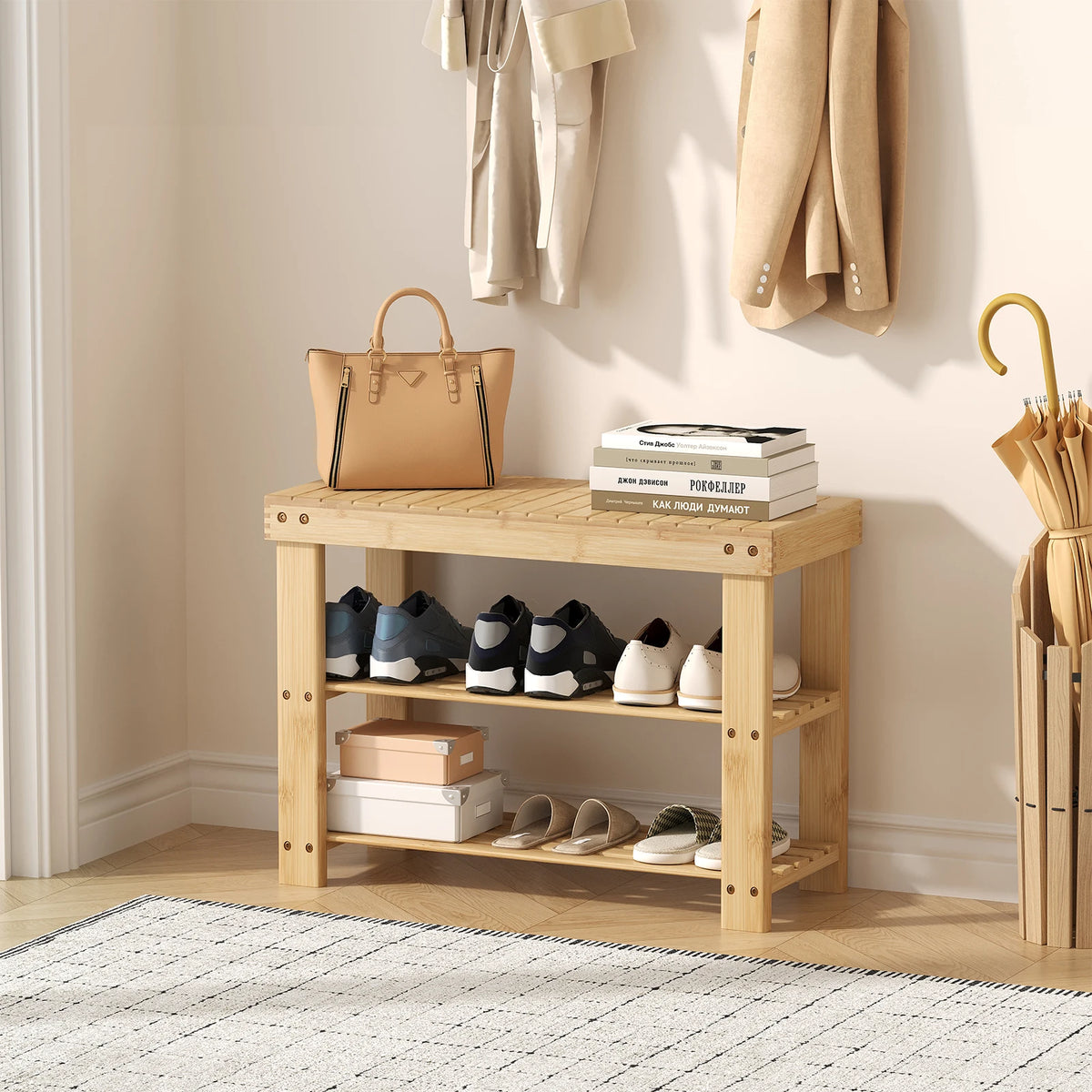 Bamboo Shoe Rack Bench - Natural Bamboo Entryway Storage Bench with 286 lb Seat Capacity, Everstock