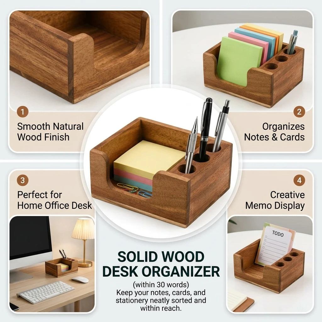 Solid Wood Desk Organizer - Pine and Beech Pen Holder with Compartments, 13 x 8 x 9.5 cm, for Office and Study, Everstock