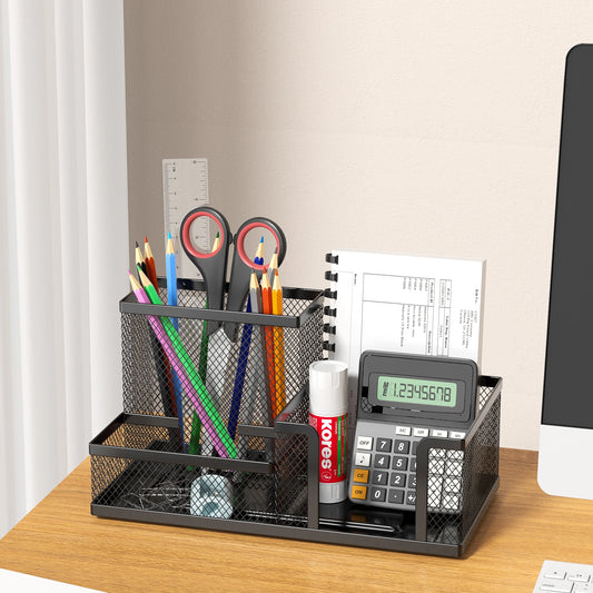 3-Tier Mesh Desk Organizer - Black Metal Letter and Stationery Caddy with Pencil Holder for Home and School Desks, Everstock