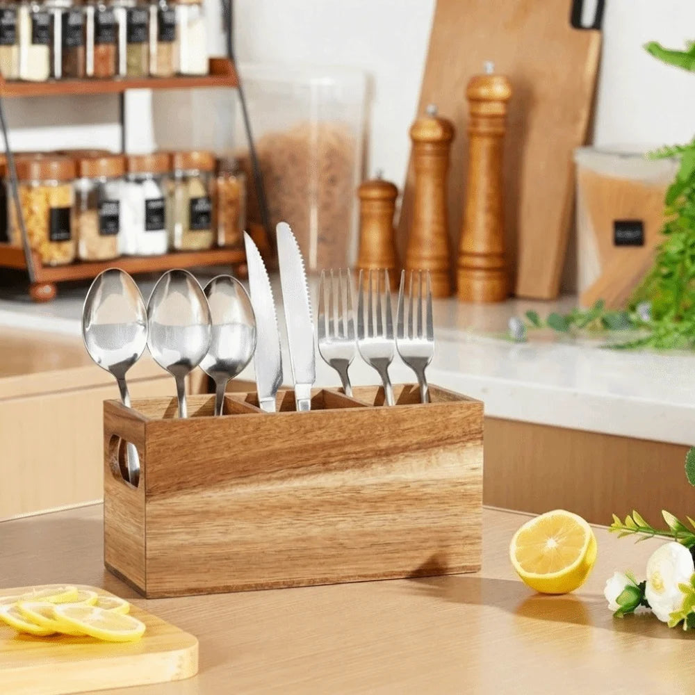 Rustic Cutlery Holder - 3-Section Wooden Countertop Storage Rack for Kitchen Utensils, Everstock