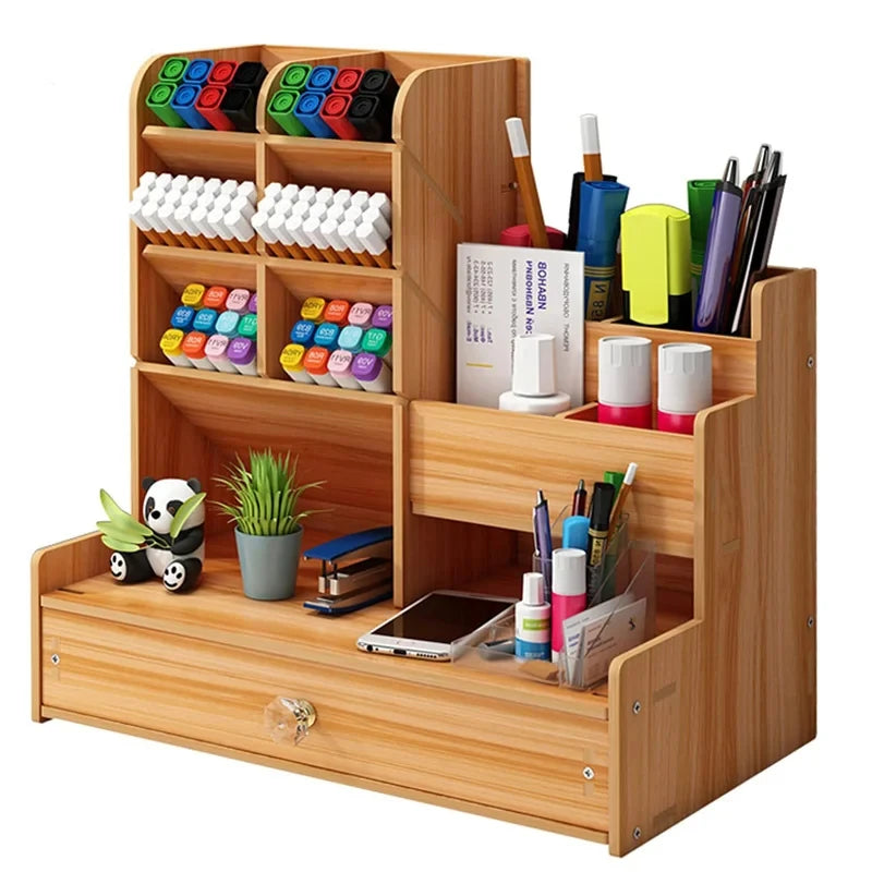Wooden Desktop Organizer with Drawer - Large-Capacity Stationery Storage for Home & Office, Everstock