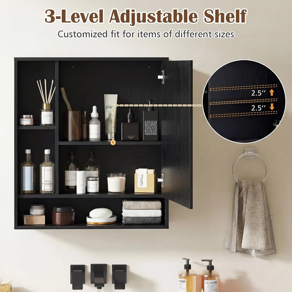 Wall Cabinet with Mirror Door - 3 Open Cubes & Adjustable Shelf Storage for Bathroom, Everstock