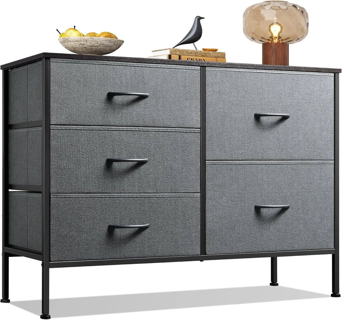 Fabric Chest of Drawers, 5 Bins - Metal-Frame Bedroom Storage Tower with Wood Top and Pull Handles, Everstock