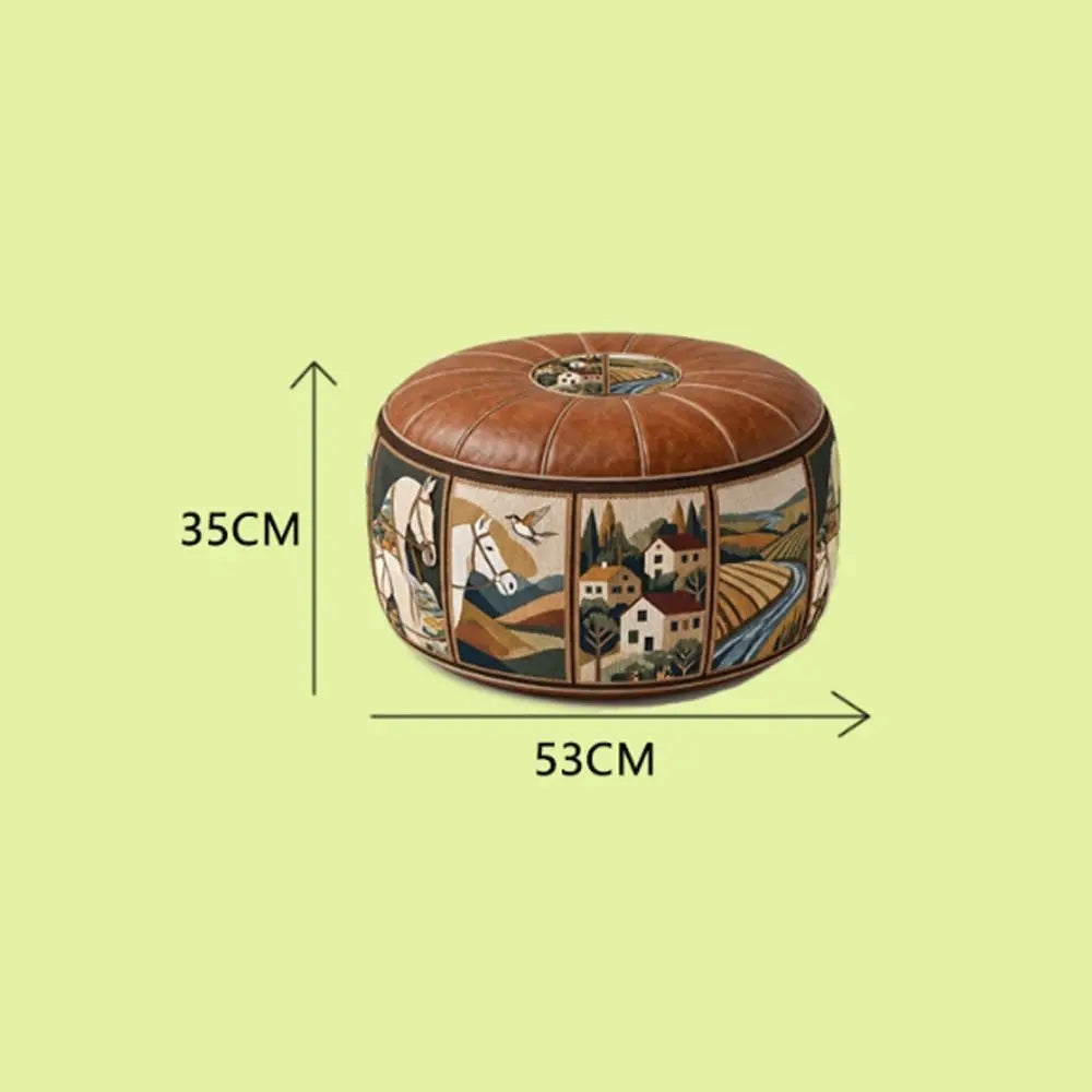 Round Storage Ottoman Pouf Cover - Fillable PU Leather Floor Seat with Boho Pattern, 53 x 35cm, Everstock