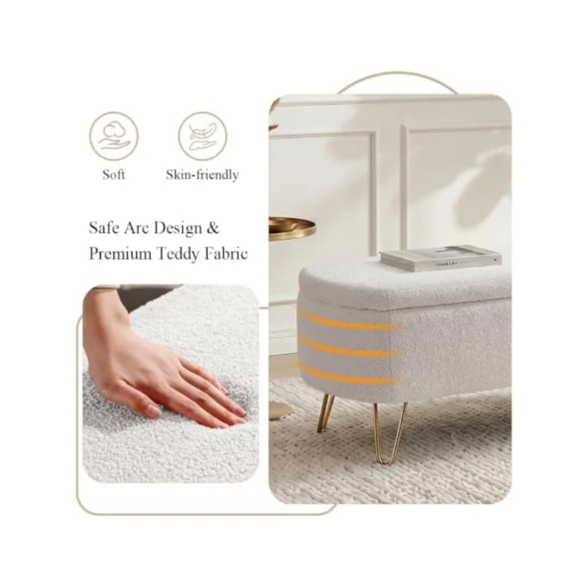 Storage Ottoman Bench - Boucle Upholstered Entryway Seat with Gold Metal Legs, 300lb Capacity, 38.97in Wide, Everstock