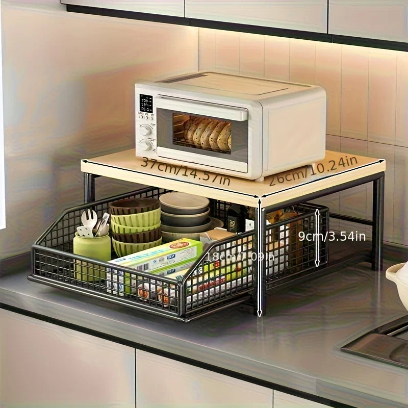 Coffee Station Countertop Organizer - Wood Shelf with Drawer & Wire Basket for Kitchen Counter Storage, Everstock