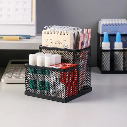 Metal Mesh Pencil Holder Caddy - 3-Compartment Black Desk Organizer with Storage Baskets for Stationery, Everstock