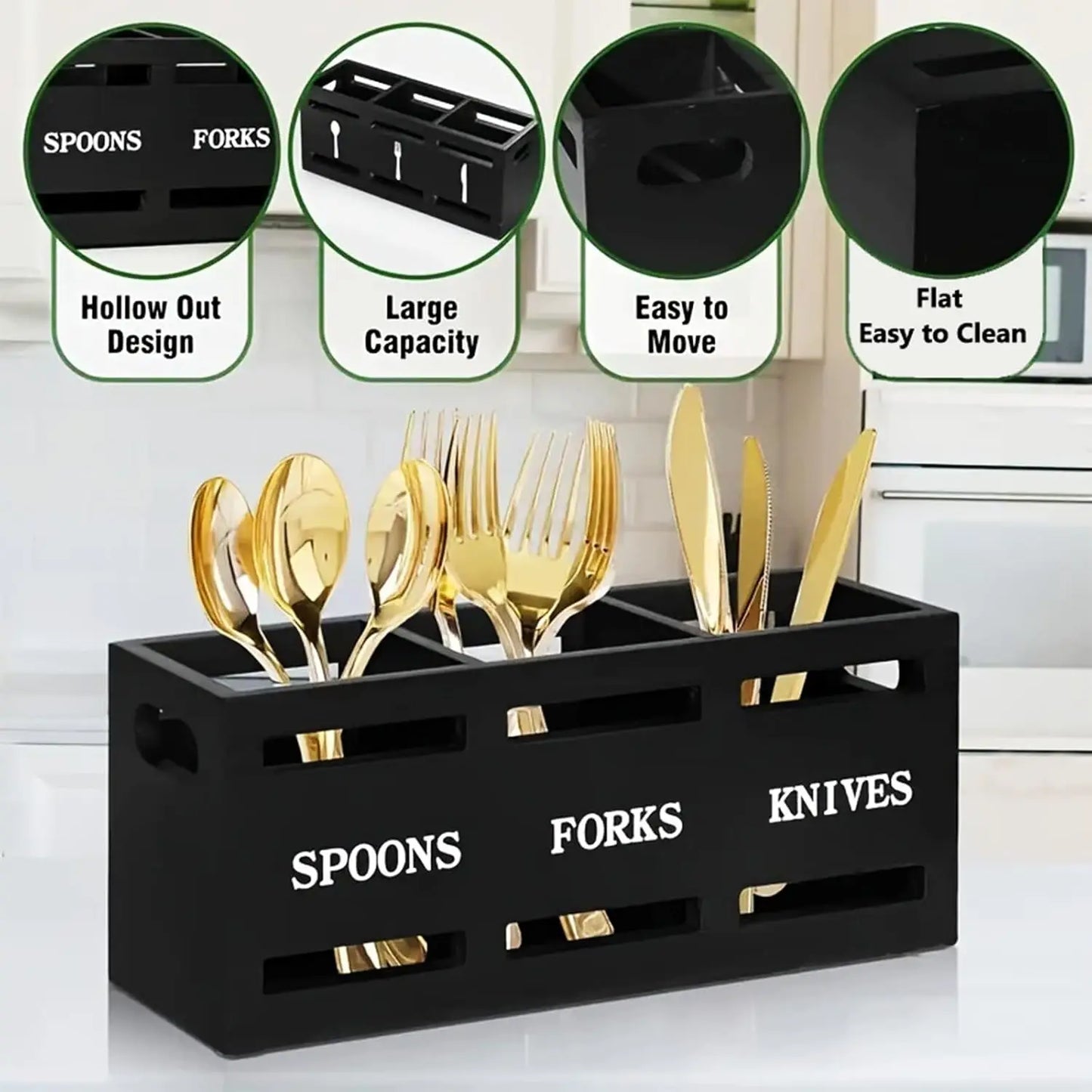 Wooden Utensil Holder Organizer - Rustic Cutlery Rack for Forks, Knives & Spoons, Farmhouse Kitchen, Everstock