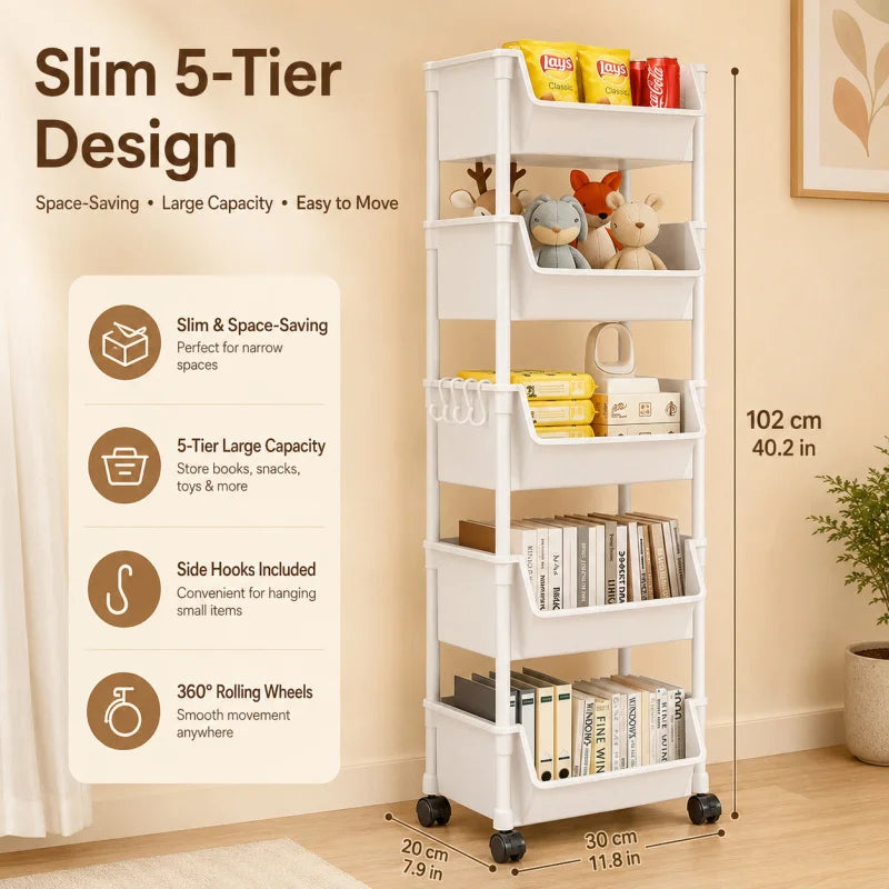 Slim Storage Cart - Multi-Tier Plastic Trolley Rack for Snacks, Books and Sundries in Living Rooms, Everstock