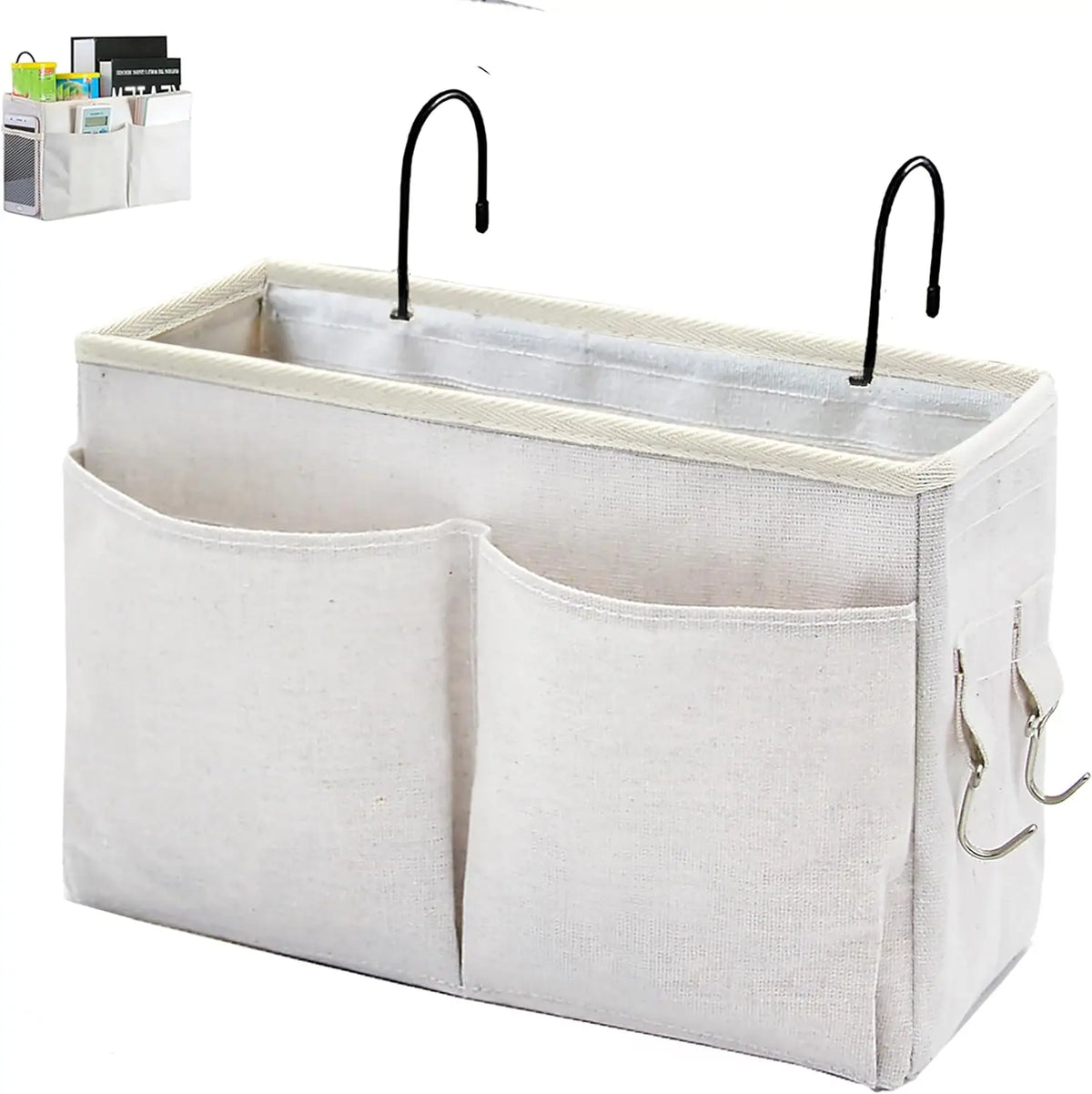 Bed Rail Hanging Organizer - Canvas Bedside Basket with Iron Frame for Books, Phones and Remotes, Everstock