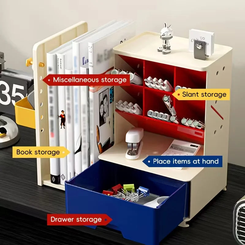 Desk Organizer with Retractable Bookend - Plastic Multi-Compartment Pen Holder and Hanging Storage Board, Everstock