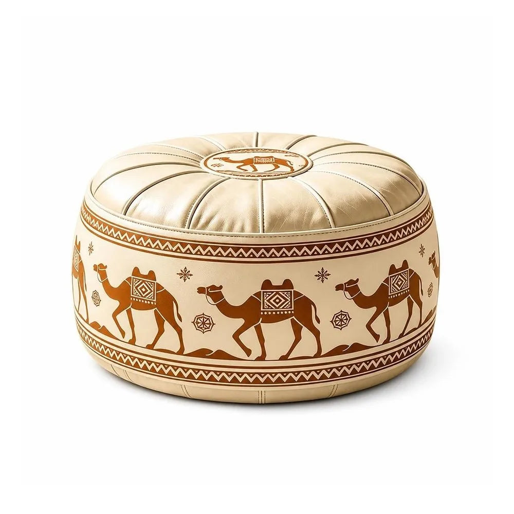 Fillable Storage Ottoman Pouf - Round Moroccan PU Leather Floor Seat, 53 x 53 x 35cm, for Living Room, Everstock