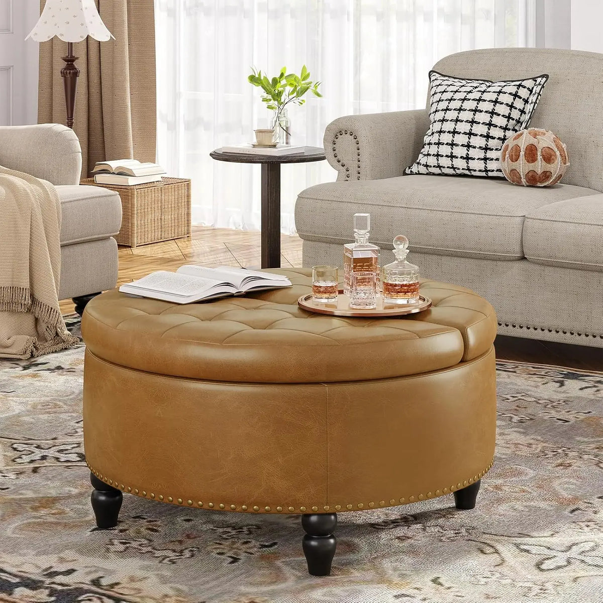 Round Lift-Top Storage Ottoman - PU Leather Coffee Table with Button-Tufted Seat and Wooden Legs for Living Room, Everstock