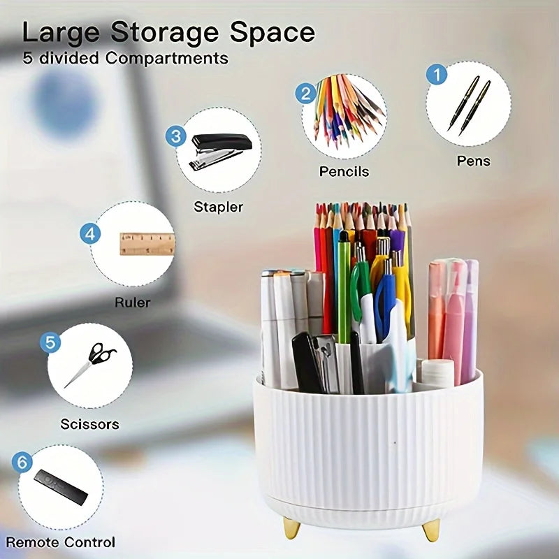 Rotating Pen Holder - 5 Compartment 360 Degree Desk Organizer in ABS Plastic for Pens, Rulers and Scissors, Everstock