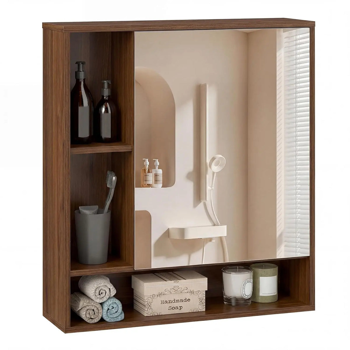 Wall Cabinet with Mirror Door - 3 Open Cubes & Adjustable Shelf Storage for Bathroom, Everstock