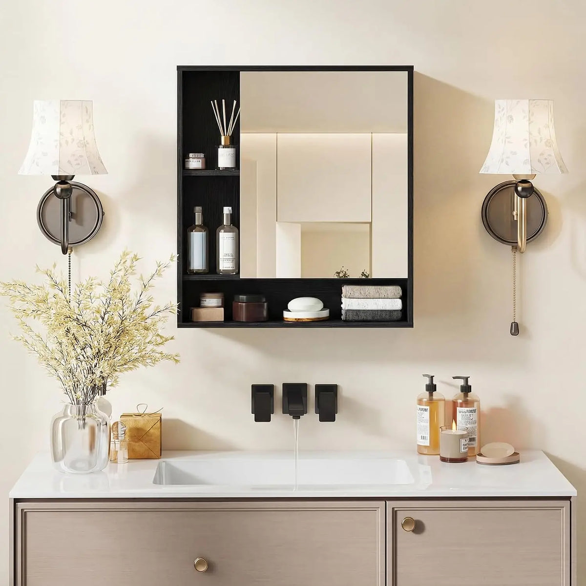 Wall Cabinet with Mirror Door - 3 Open Cubes & Adjustable Shelf Storage for Bathroom, Everstock