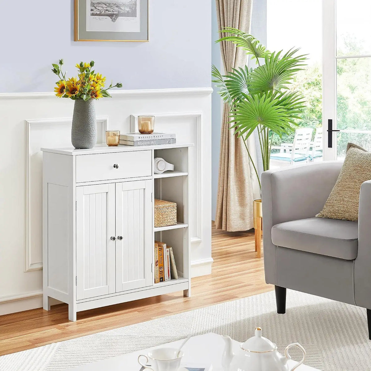 White Freestanding Storage Cabinet - Drawer & 2 Beadboard Doors for Bathroom Towel Storage, Everstock