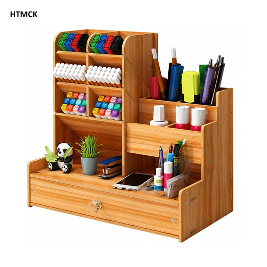 Wooden Desk Organizer with Drawer - Large Capacity Pen Holder and Stationery Storage Box for a Home Office Desk, Everstock