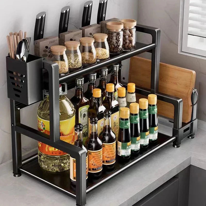 Spice Rack Organizer - 3-Tier Adjustable Metal Shelf with Knife Holder & Hooks, Kitchen Countertop, Everstock