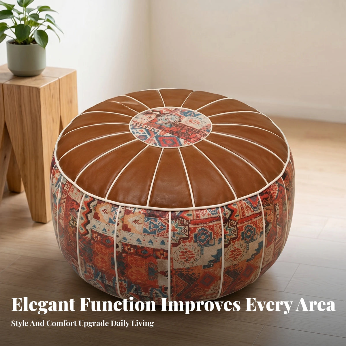 Bohemian Round Storage Ottoman - Water-Resistant Faux Leather Top, Embroidered Body, Zip-Access Footstool, Everstock