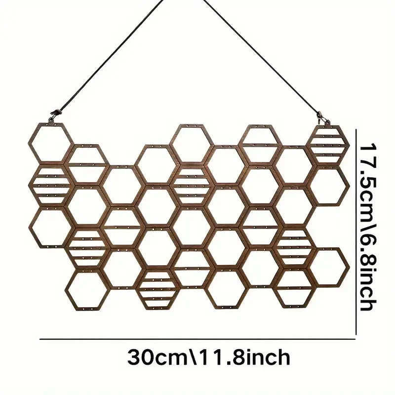 Honeycomb Earring Organizer - Wall-Mounted Wooden Jewelry Display Rack for Bedroom & Vanity, Everstock