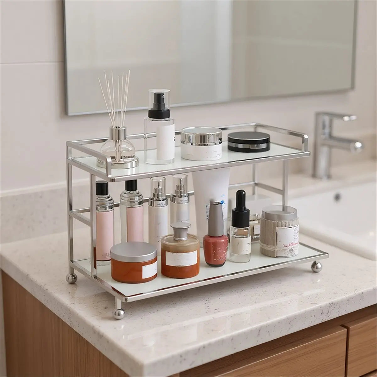 Bathroom Counter Organizer - Tiered Acrylic and Metal Cosmetic Storage Rack for Vanity and Dressing Table, Everstock