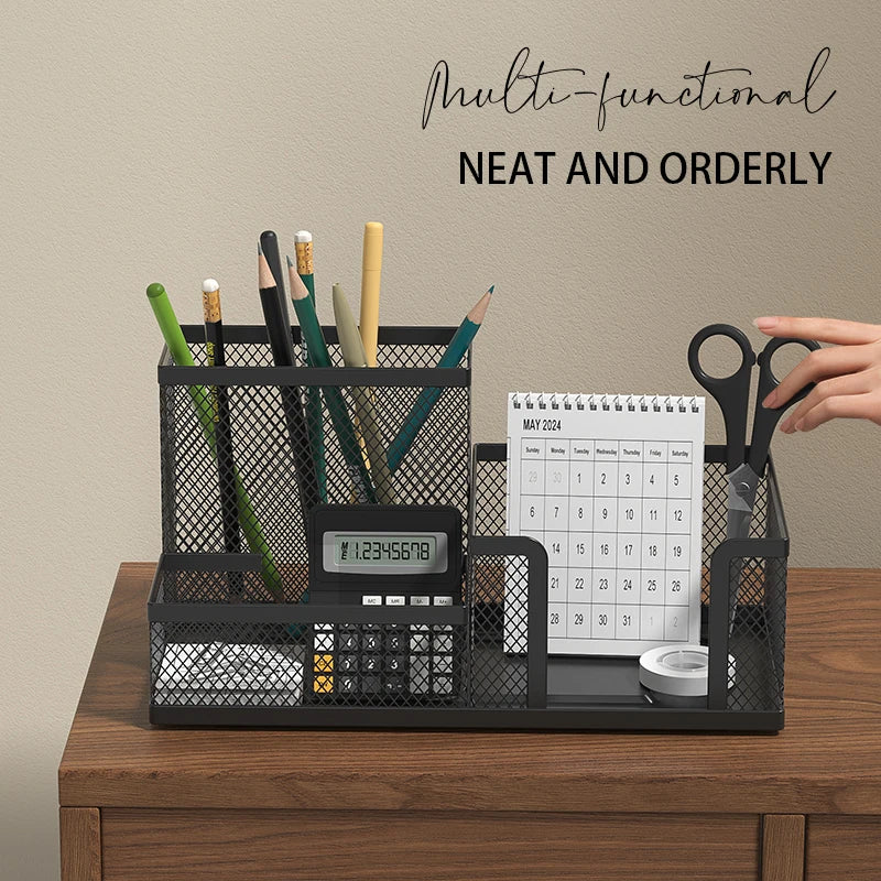 Mesh Desk Caddy - Black Metal Organizer with 3 Compartments and a Built-In Pencil Holder for Office Supplies, Everstock
