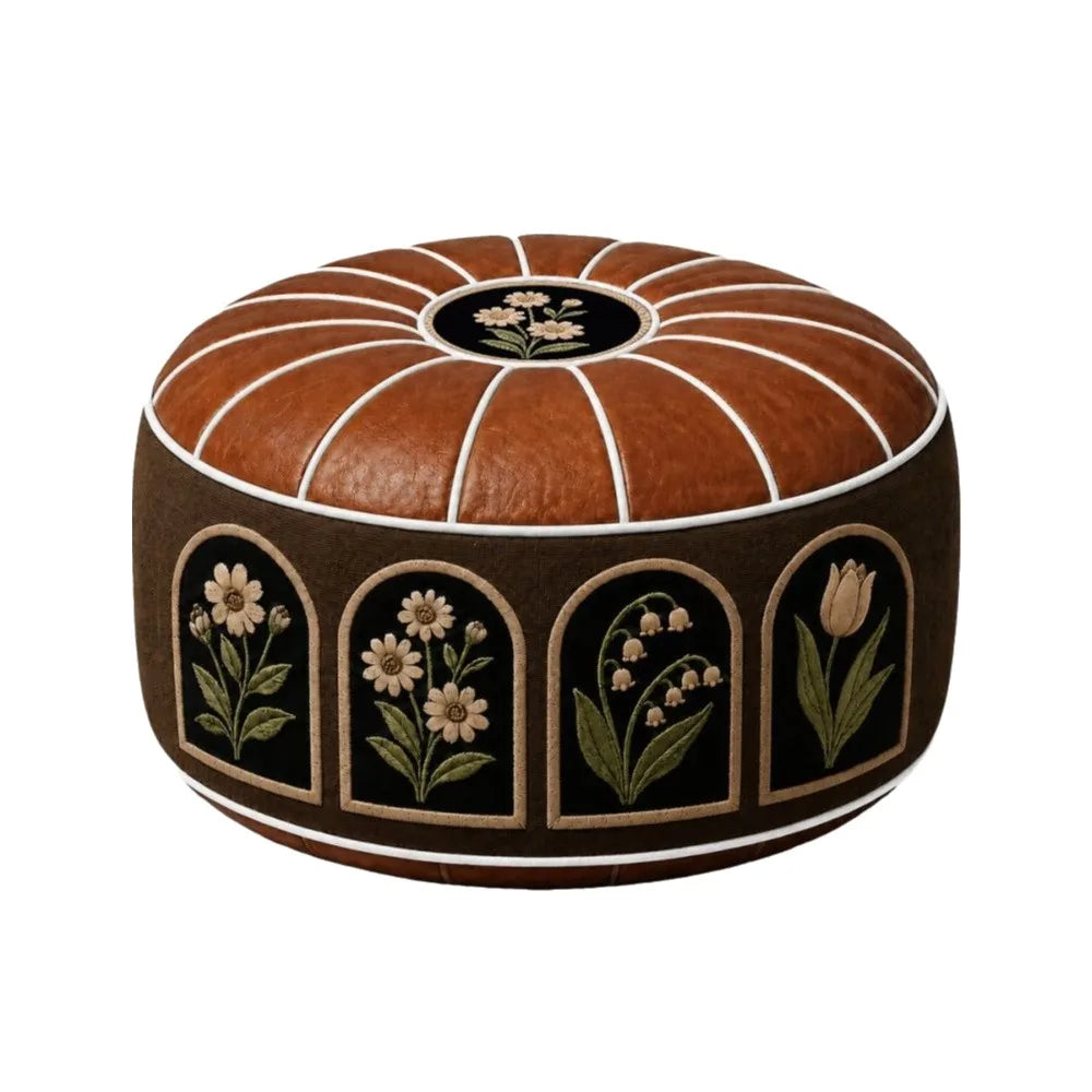 Round Storage Ottoman Pouf Cover - Fillable PU Leather Floor Seat with Boho Pattern, 53 x 35cm, Everstock