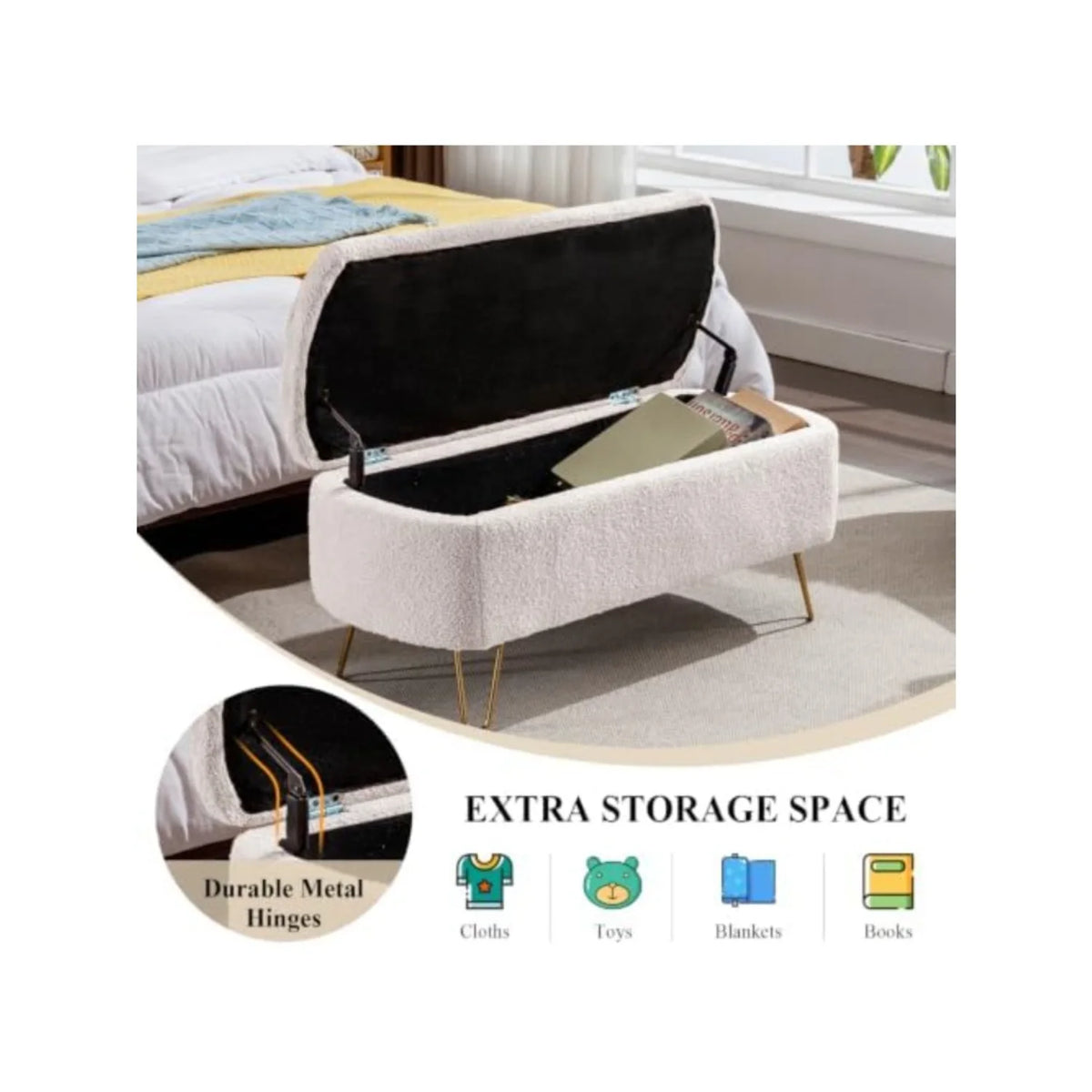 Storage Ottoman Bench - Boucle Upholstered Entryway Seat with Gold Metal Legs, 300lb Capacity, 38.97in Wide, Everstock
