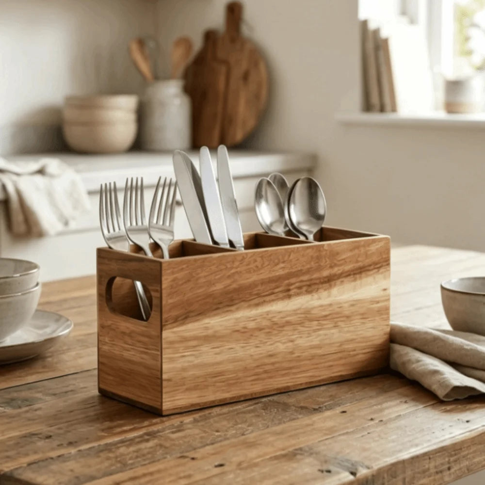 Wooden Utensil Holder - 3-Compartment Countertop Organizer for Spatulas, Spoons & Ladles, Kitchen, Everstock