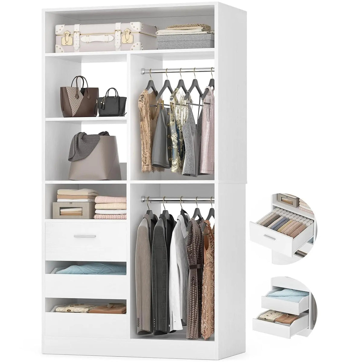 Freestanding Wardrobe Cabinet - 36-Inch Modular Closet Organizer with 3 Drawers, 6 Shelves and Display Niches, Everstock