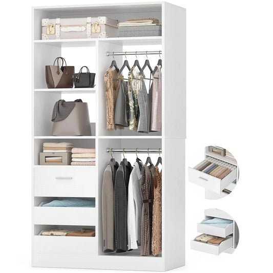 Freestanding Wardrobe Cabinet - 36-Inch Modular Closet Organizer with 3 Drawers, 6 Shelves and Display Niches, Everstock