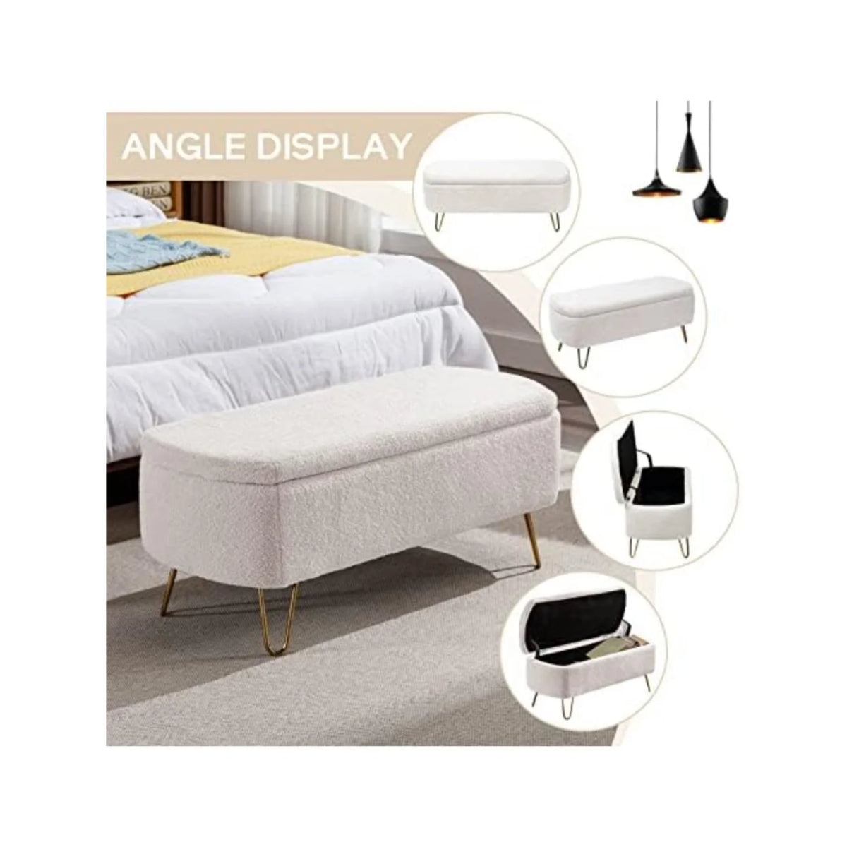 Storage Ottoman Bench - Boucle Upholstered Entryway Seat with Gold Metal Legs, 300lb Capacity, 38.97in Wide, Everstock