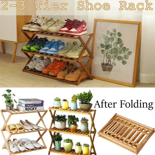 Foldable Bamboo Shoe Rack - 2 to 3 Tier Free-Standing Shelf for 9 to 12 Pairs of Shoes and Plant Pots, Everstock