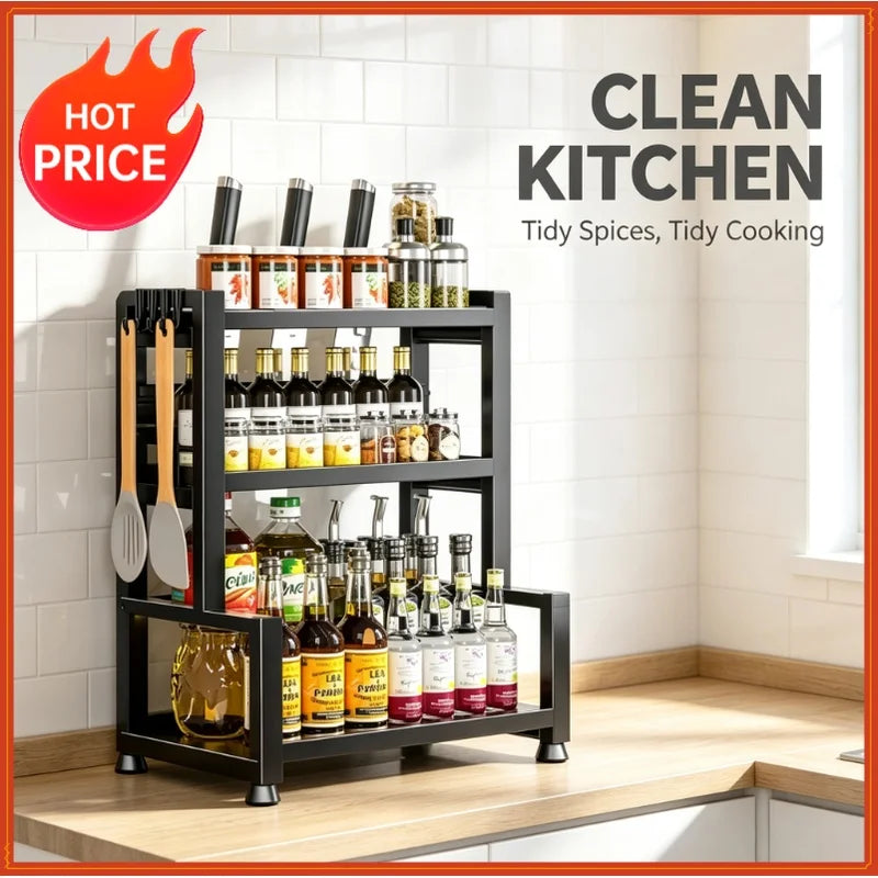 Countertop Spice Shelf - 3-Tier Steel Rack with Knife Slot and Hanging Hooks for Kitchen Storage, Everstock