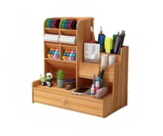 Wooden Desktop Organizer with Drawer - Large-Capacity Stationery Storage for Home & Office, Everstock