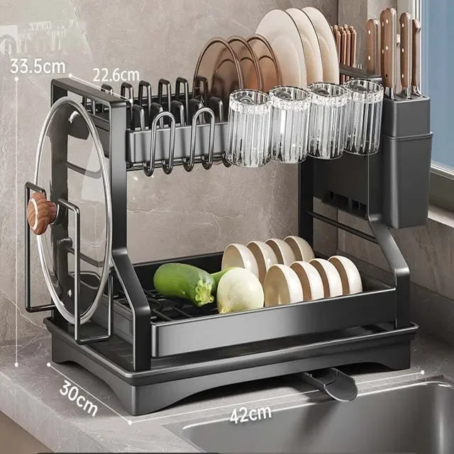 2-Tier Dish Drying Rack - Stainless Steel Drainer for Bowls, Plates, Cutlery & Pot Lids, Countertop, Everstock