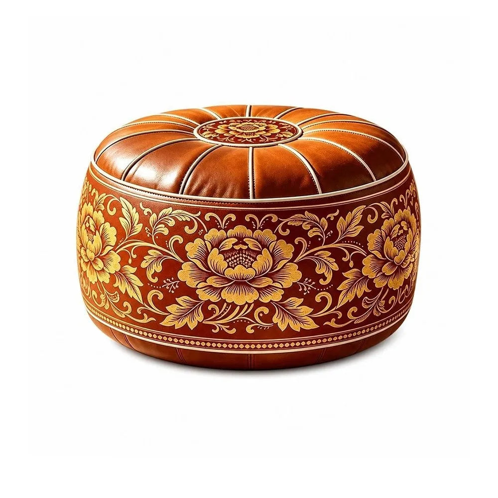 Fillable Storage Ottoman Pouf - Round Moroccan PU Leather Floor Seat, 53 x 53 x 35cm, for Living Room, Everstock