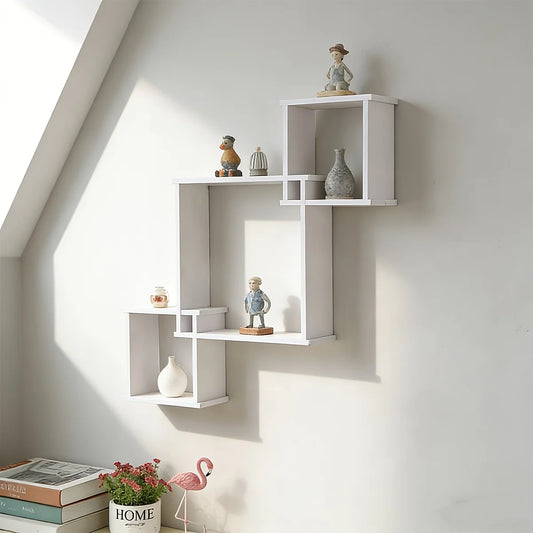 Geometric Wall Shelf - White PVC Intersecting Display Shelf with No-Drill or Drill Mounting, Everstock