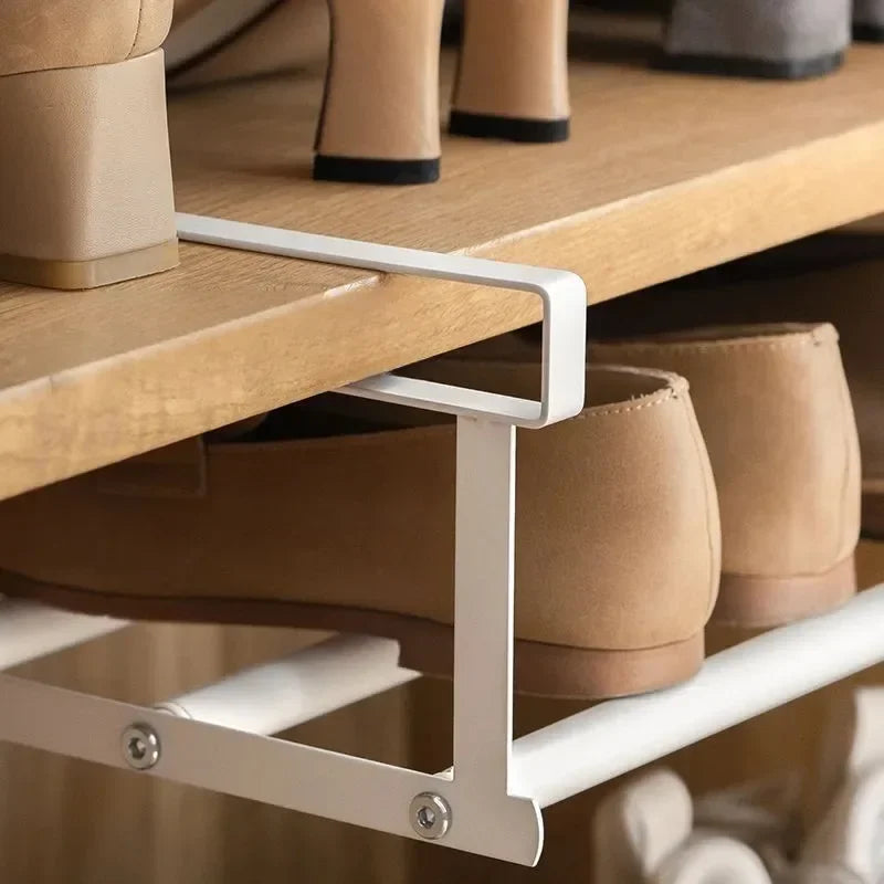 Adjustable Shoe Rack with Hanging Basket - Carbon Steel and Bamboo Under-Shelf Organizer for Shoe Cabinets, Everstock