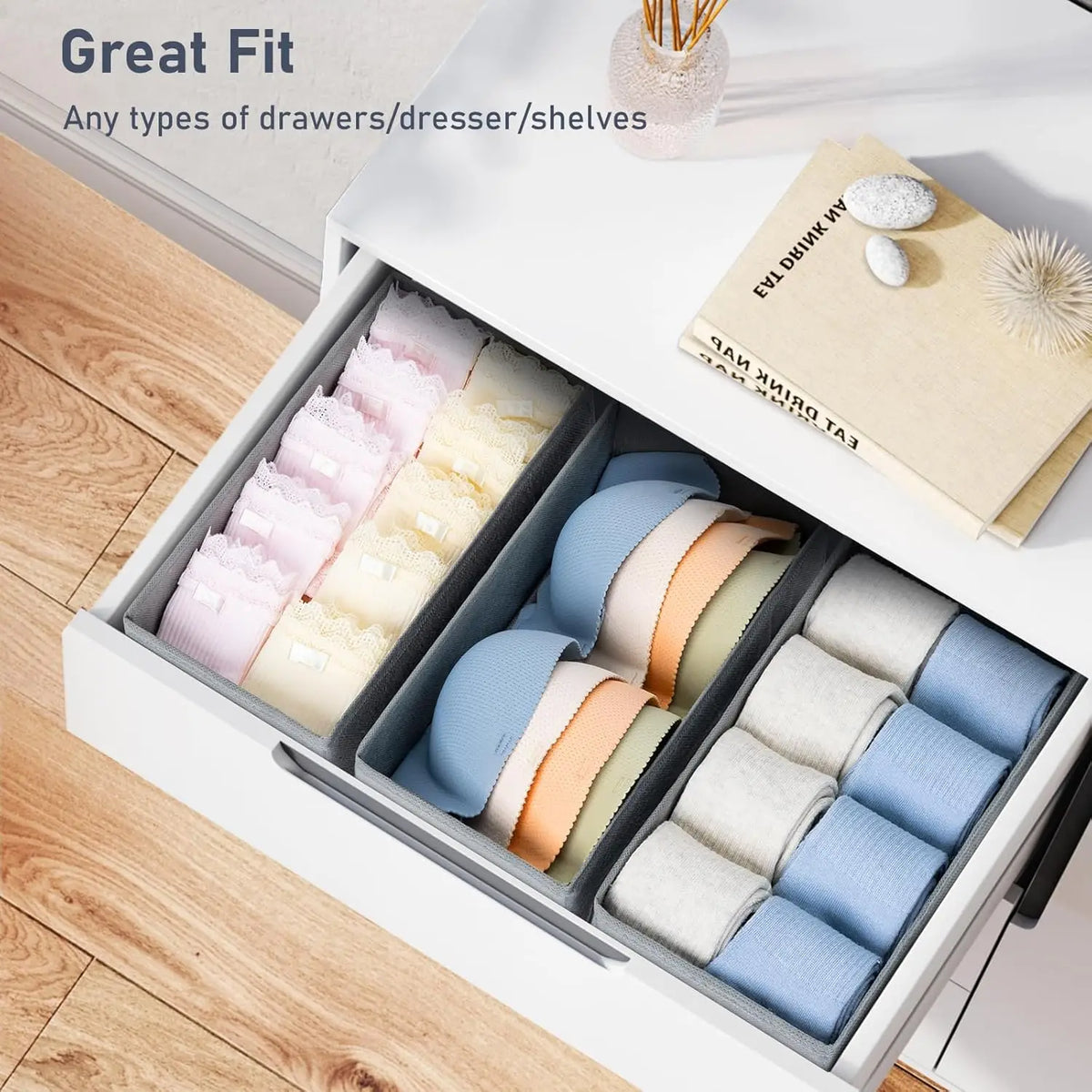 Drawer Organizer for Clothes, Set of 3 - Fabric Dresser Storage for Baby Clothes, Socks, Underwear & Bras, Everstock