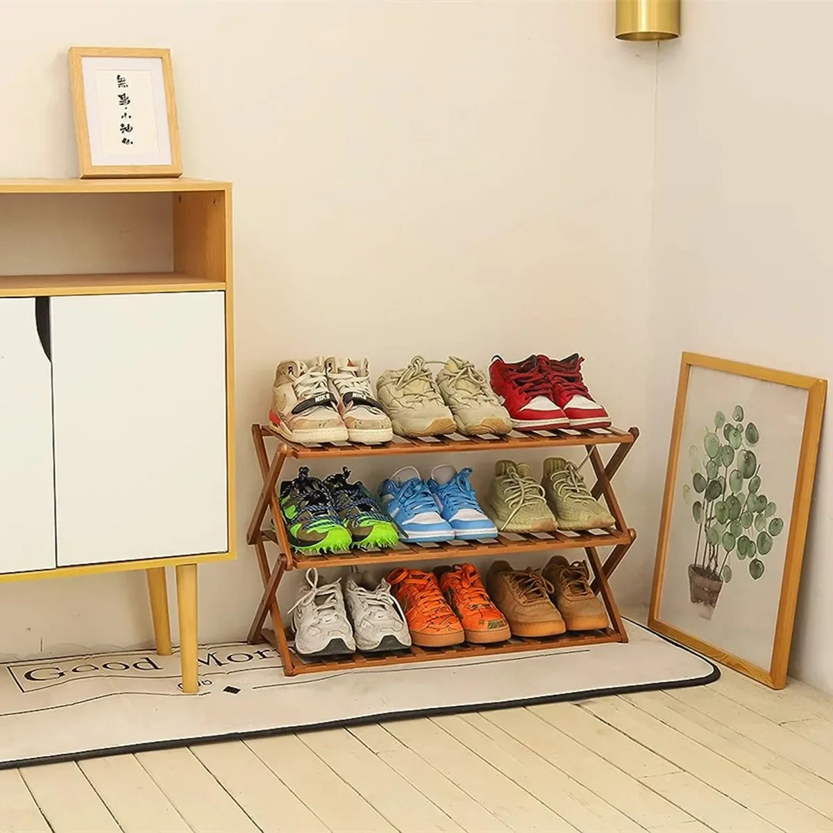 Foldable Bamboo Shoe Rack - 2 to 3 Tier Free-Standing Shelf for 9 to 12 Pairs of Shoes and Plant Pots, Everstock