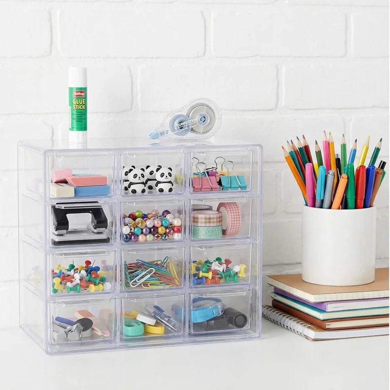 Desktop Storage Organizer with 12 Removable Drawers - Clear Plastic Dust-Proof Case for Jewelry & Stationery, Everstock