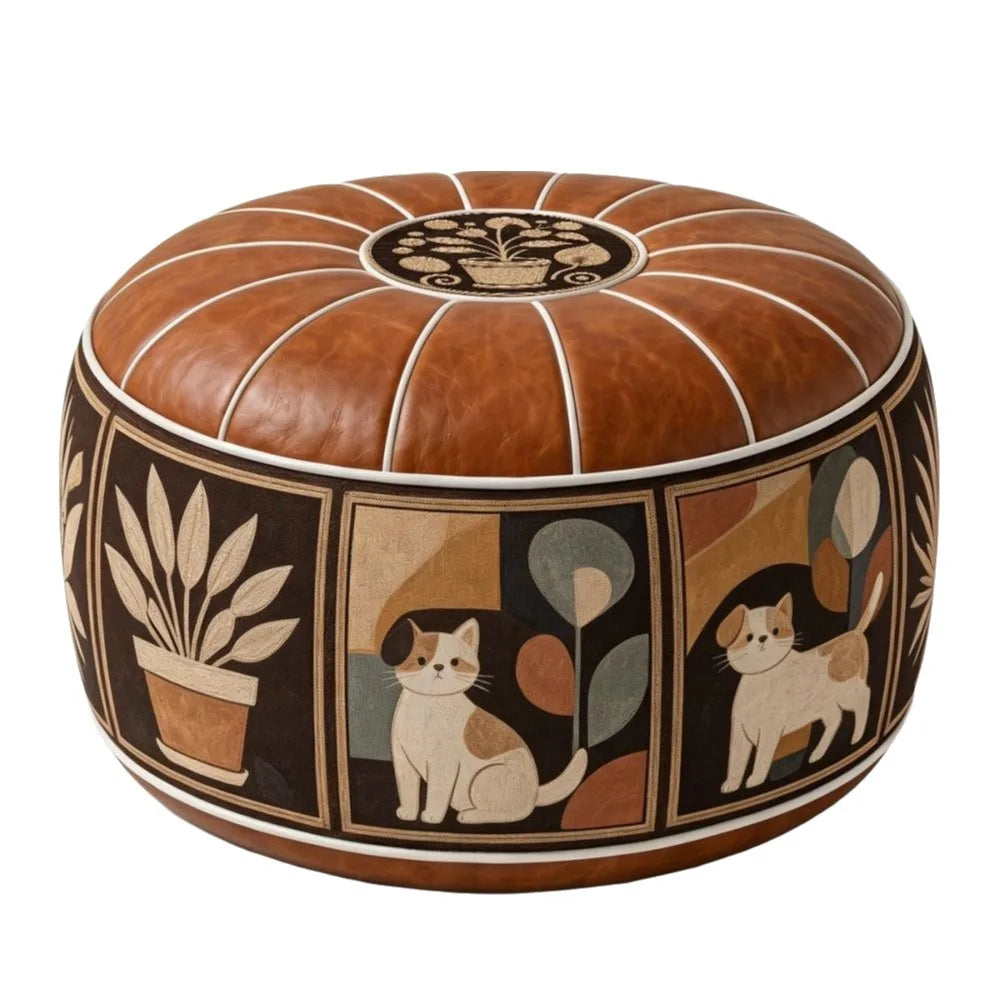 Round Storage Ottoman Pouf Cover - Fillable PU Leather Floor Seat with Boho Pattern, 53 x 35cm, Everstock