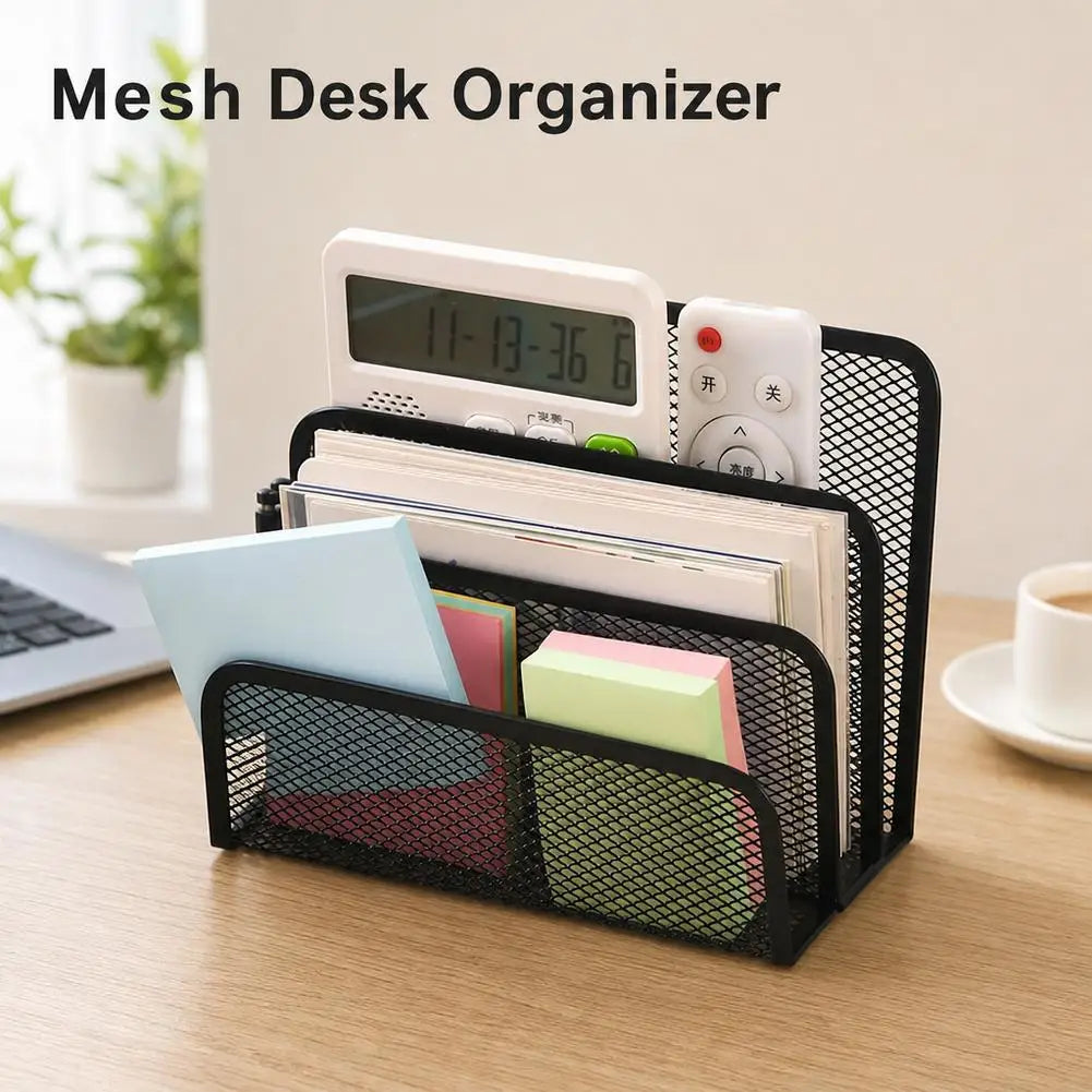 3-Tier Desk Mail Organizer - Black Iron Mesh Letter and File Holder, 6.85 in, Ready Assembled for Desktops, Everstock