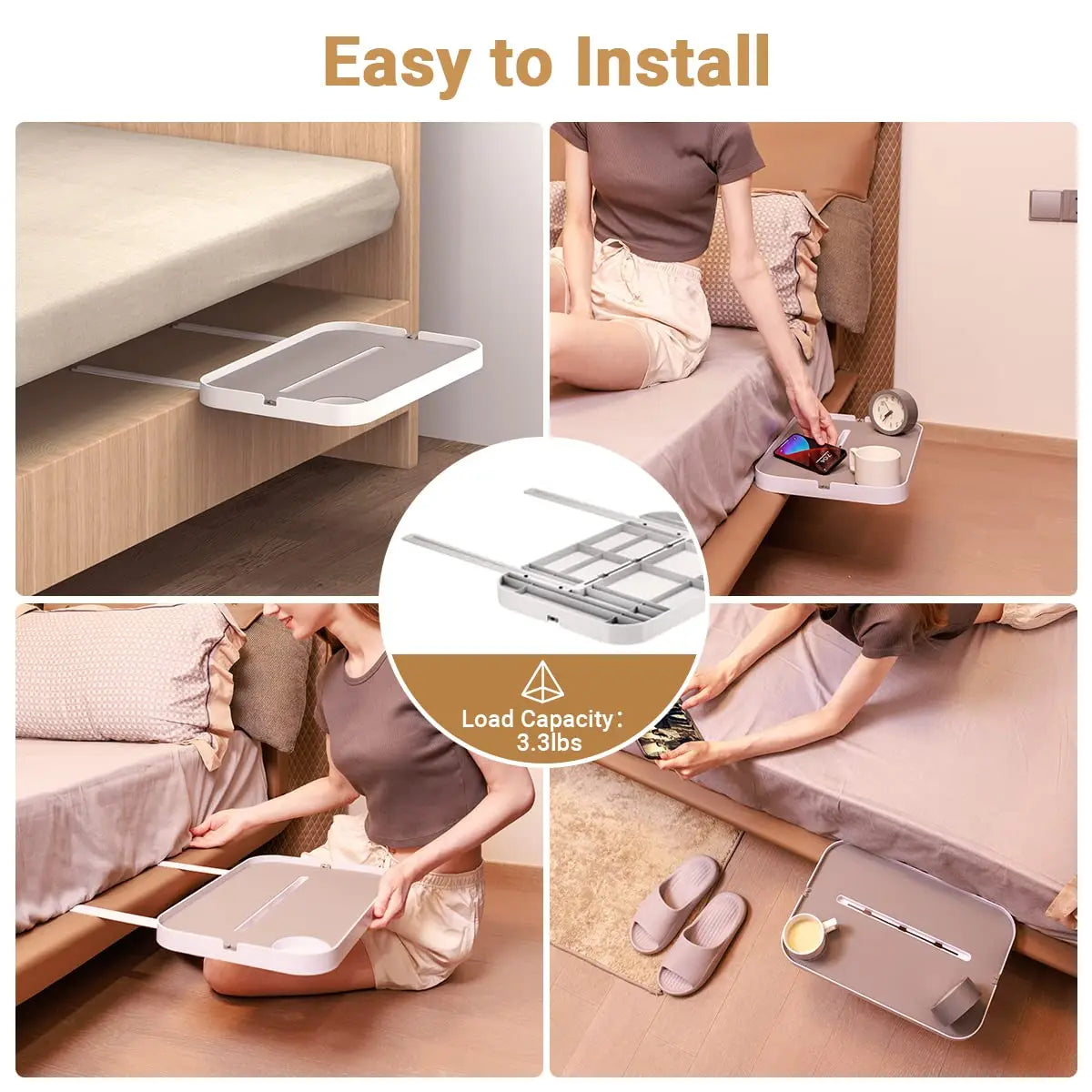 Bedside Shelf Caddy - Under-Mattress Nightstand Tray in ABS and Iron for Bedroom & Dorm Bed Storage, Everstock