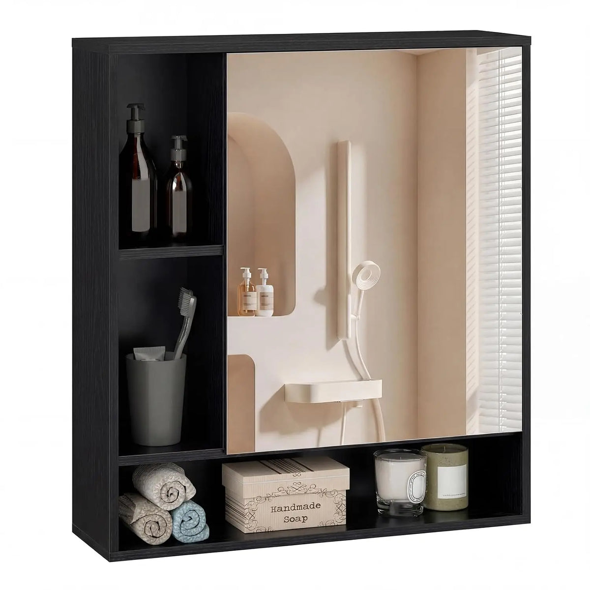 Wall Cabinet with Mirror Door - 3 Open Cubes & Adjustable Shelf Storage for Bathroom, Everstock